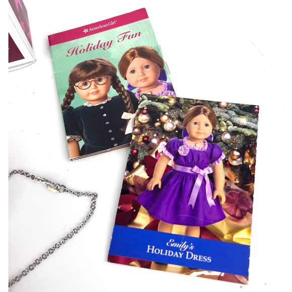 American Girl Emily Doll Holiday Outfit Purple Dress Necklace Bow Socks Card Box - Picture 8 of 9